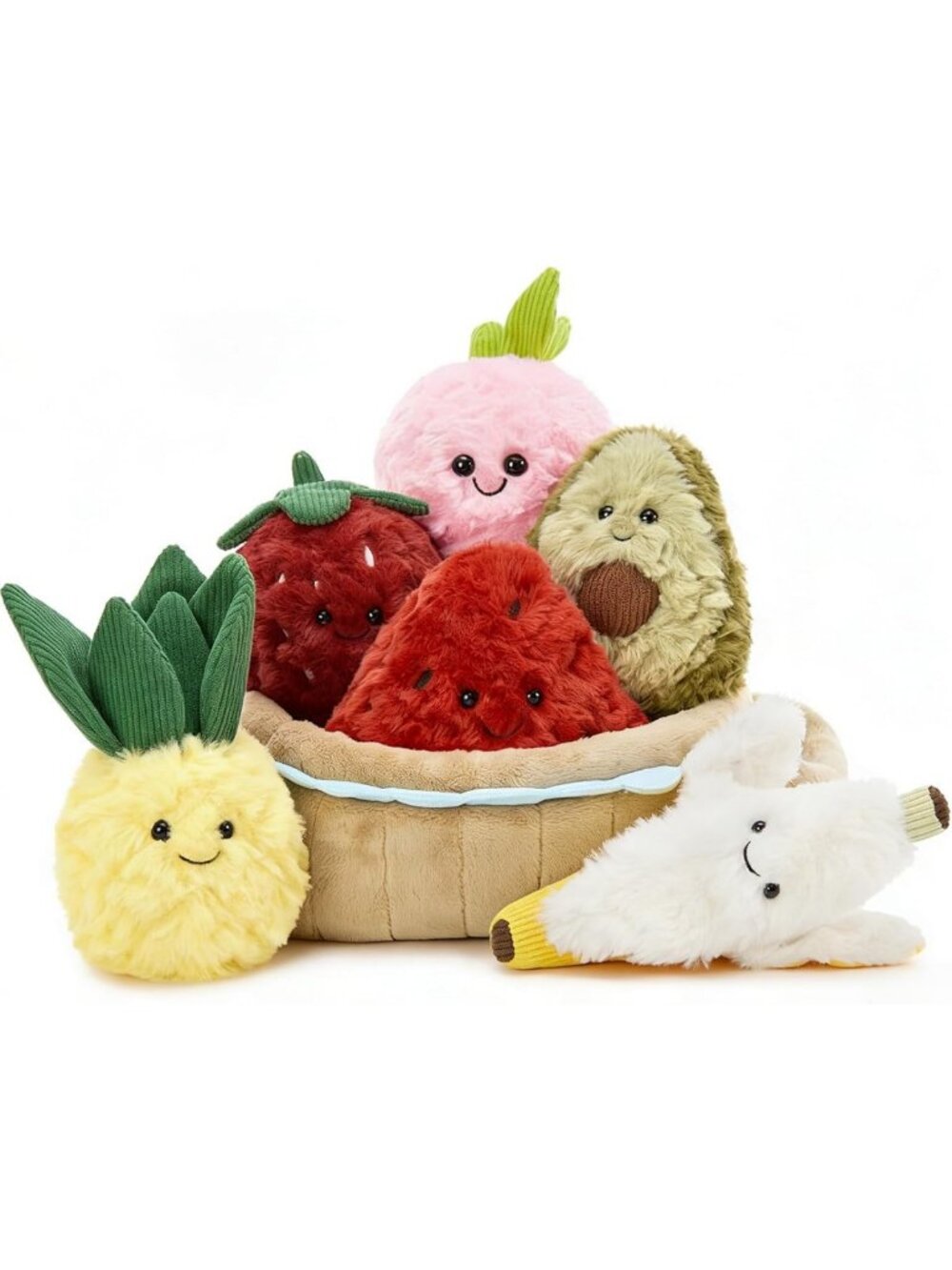 7Pcs Soft Fruit Plush Toys Set with Basket - Cute Pineapple, Banana, Strawberry